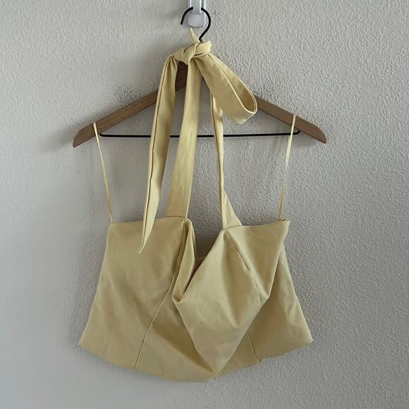 Express Body Contour Muted Yellow Sweetheart Stretchy Halter Tie Cropped Tank XL - Picture 2 of 5
